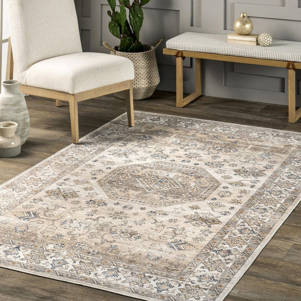 Darby Beige and Ivory Synthetic 9' x 12' Washable Area Rug