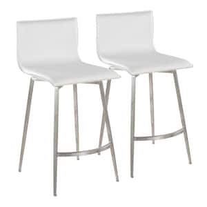 Mara Upholstered 25 in. White Faux Leather and Stainless-Steel Metal Fixed-Height Counter Stool (Set of 2)