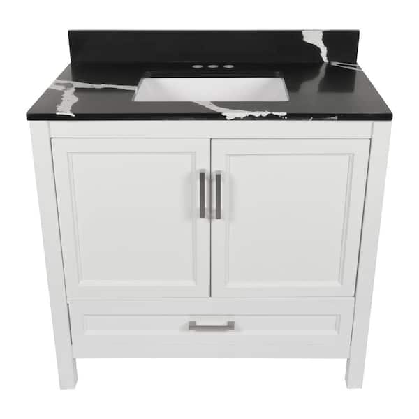Ella Nevado 37 in. W x 22 in. D x 36 in. H Bath Vanity in White with Quartz Stone Calacatta Black Top with White Basin