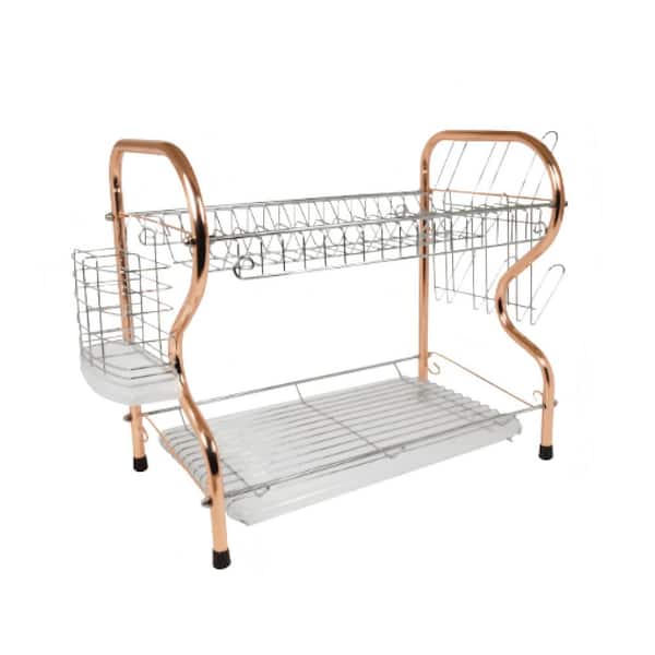 2 Tier Silver Steel Standing Dish Rack with Plastic Draining Tray, Mug Stand, and Cutlery Holder