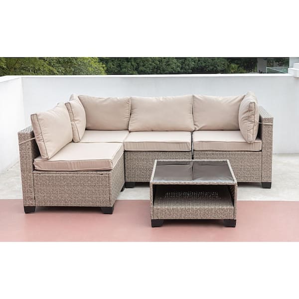 Unbranded 5-Piece Gray Wicker Patio Outdoor Furniture Sectional Sofa Set with Gray Cushions and Coffee Table
