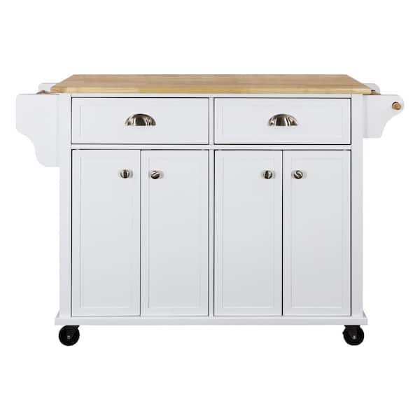 White Wood 51.88 in. Kitchen Island with Storage, Rack, 2-Drawers ...