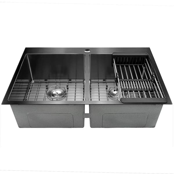 All-in-One Gunmetal Matte Black Finish Stainless Steel 33 in. Double Bowl Drop-In Kitchen Sink with Kitchen Faucet