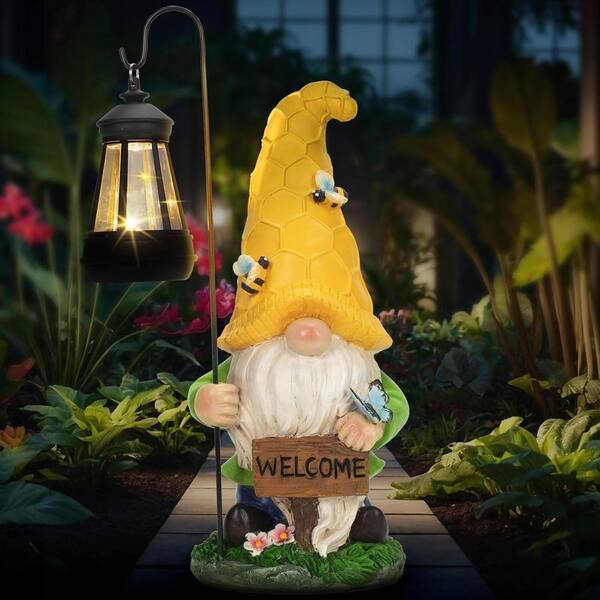 6 in. x 13 in. Yellow Resin Waterproof Solar Gnomes Garden Statue