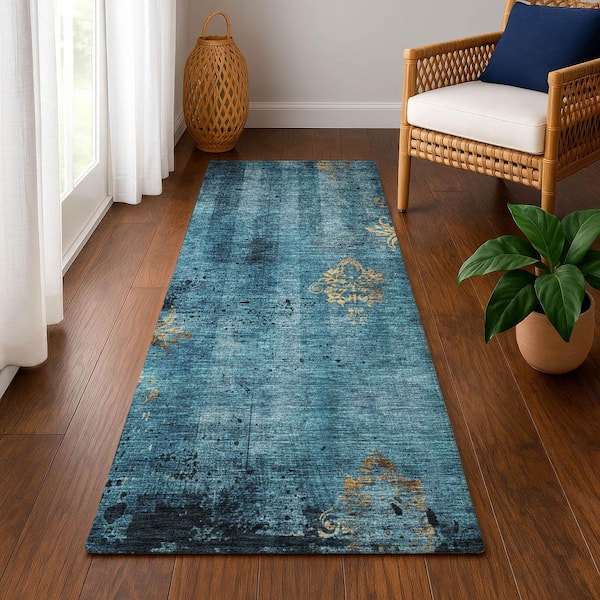 Mayfield Premium Machine Washable Abstract AMF1788 Blue 2 ft. 3 in. x 7 ft. 6 in. Runner Rug
