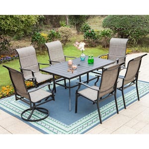 Black 7-Piece Metal Outdoor Dining Set with Padded Swivel Rocker Texitilene Chair and Panel Steel Dining Table