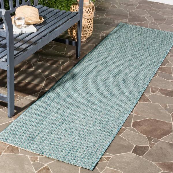 Courtyard Aqua/Gray 2 ft. x 10 ft. Solid Indoor/Outdoor Patio  Runner Rug