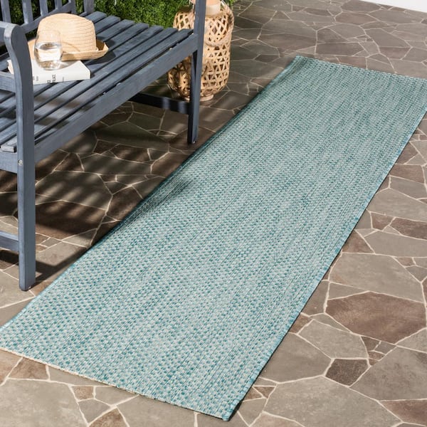 Courtyard Aqua/Gray 2 ft. x 12 ft. Solid Indoor/Outdoor Patio  Runner Rug