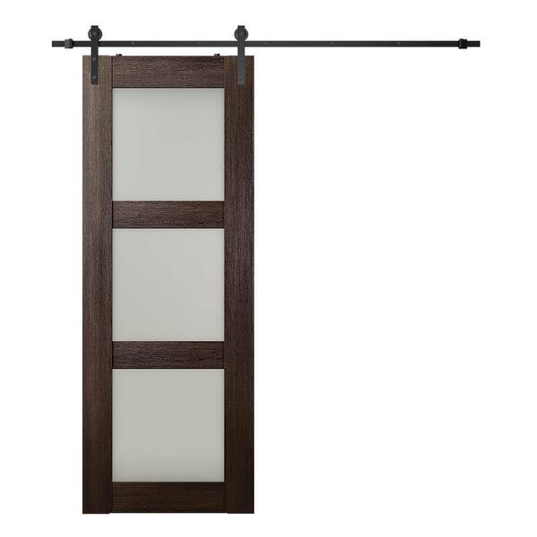 Belldinni Vona 3-Lite 18 in. x 84 in. Frosted Glass Vera Linga Oak Wood Composite Sliding Barn Door with Hardware Kit