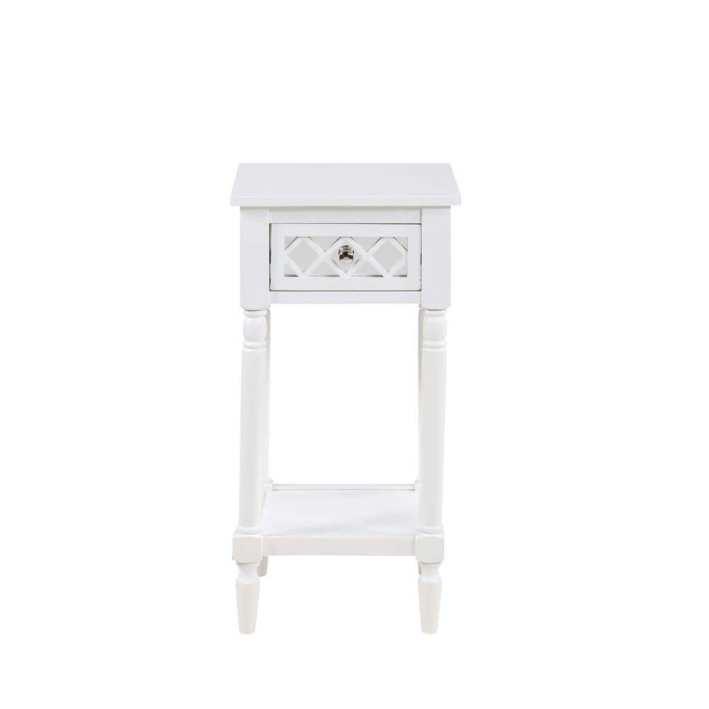 White Pinewood Square Accent Table with Mirrored Drawer