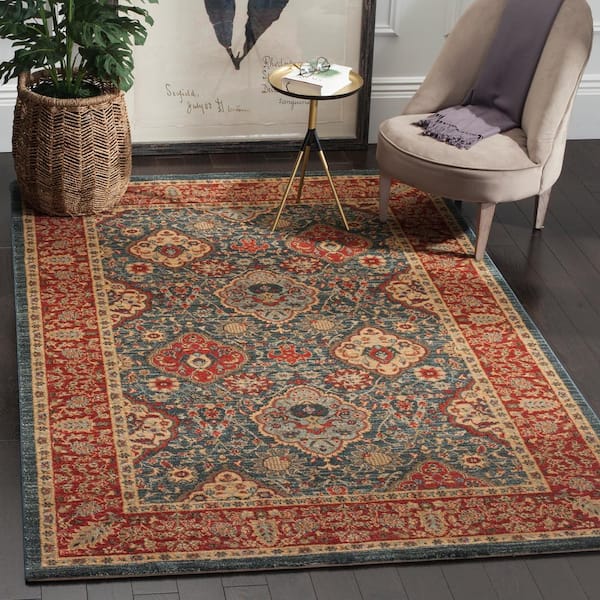 Mahal Navy/Red 7 ft. x 7 ft. Square Border Floral Area Rug