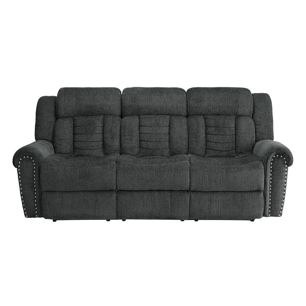 Transitional Charcoal Gray Fabric Reclining Sofa with Nailhead Accents