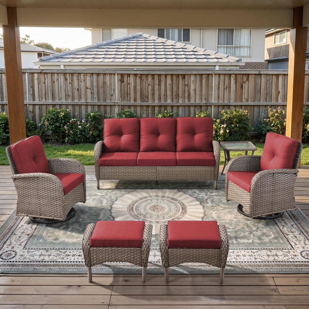 PlainCurve Gray 6-Piece PE Wicker Patio Conversation Set with Olefin Red Cushions and ottomans price history on PriceWatchPro