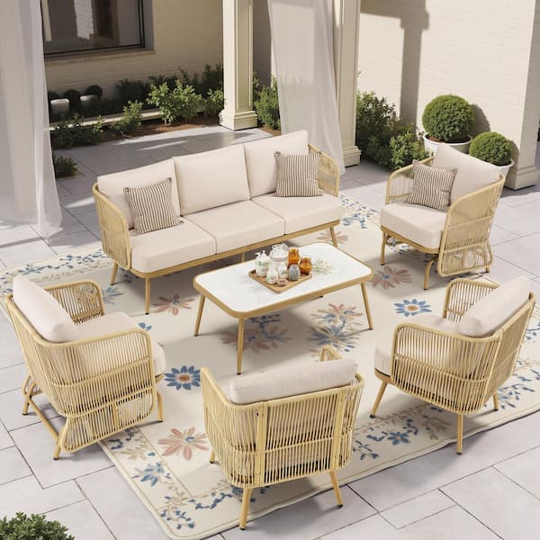 6-Piece Wicker Patio Conversation Set Outdoor Rope Glider Chair Set with Beige Cushions