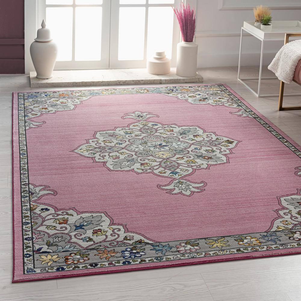 Ada Pink and Gray Medallion Synthetic 5' x 7'6" Area Rug