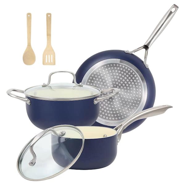Ceramic Nonstick 7-Piece Aluminum Skillet and Cookware Set in Blue with Lid, Induction and Oven Safe