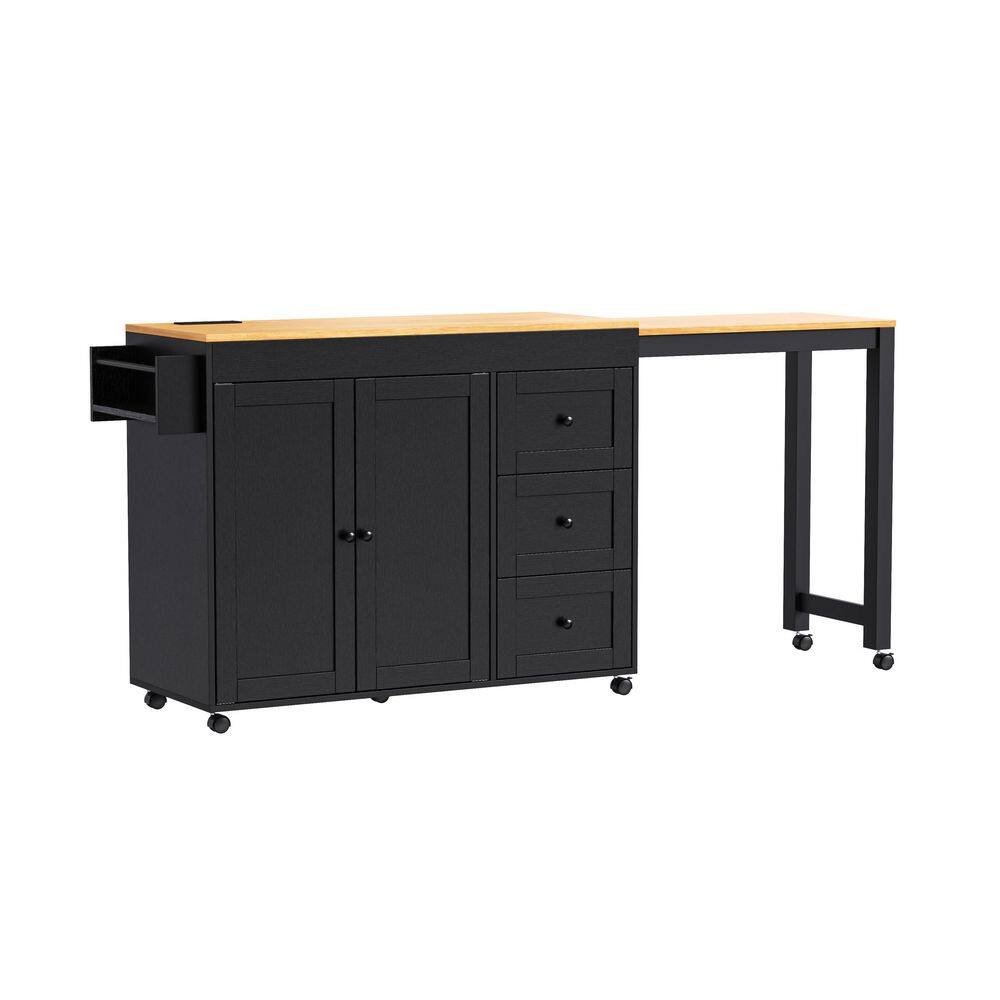 Rolling Black Wood Top 74.8 in. Kitchen Island with Extendable Dining Table, Power Outlet price history on PriceWatchPro