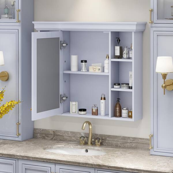Tileon 35.50 in. W x 28.74 in. H Rectangular MDF Medicine Cabinet with Mirror, Storage Cabinet with 6 Open Shelves-Blue