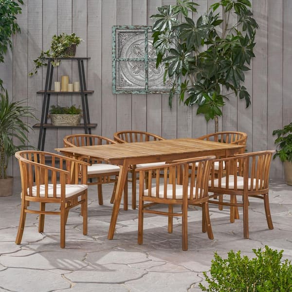 Alondra Teak Brown 7-Piece Wood Rectangular Patio Outdoor Dining Set with Cream Cushions