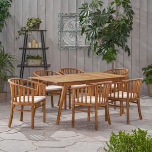 Alondra Teak Brown 7-Piece Wood Rectangular Outdoor Dining Set with Cream Cushions