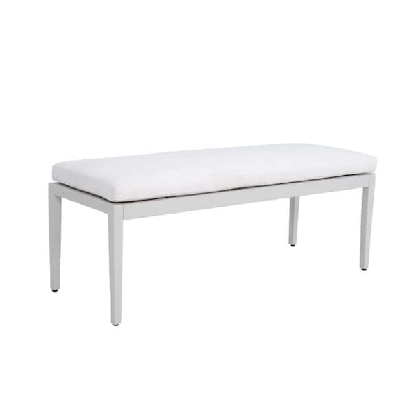 Noble House Sinas Grey Aluminum Outdoor Patio Bench Ottoman with White Sunbrella Fabric Cushion