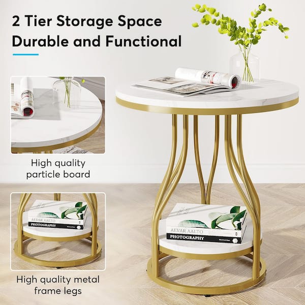 Kerlin 19.7 in. White Round Faux Marble Side Table 2-Tier End Table with Gold Metal Frame for Living Room, Bedroom