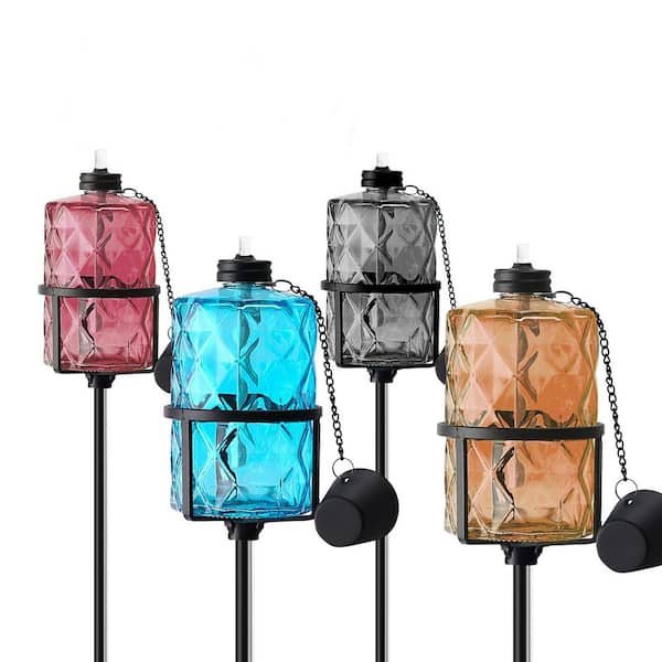 60 Inch Colorful Glass Metal Garden Torch 4 Pack Outdoor Decor Citronella Stake Pathway Adjustable Height