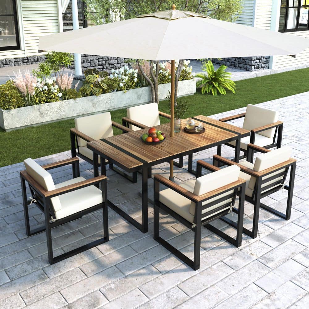 6-piece patio set with umbrella Lakeside Outdoor Garden Glass Table Furniture Chairs and this patio set is rust 7-Piece Wood and Metal Patio