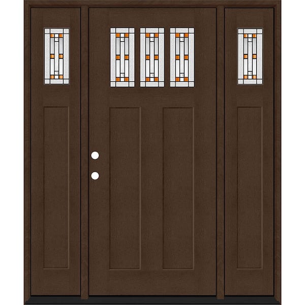 Steves & Sons Regency 68 in. x 80 in. 3Lite Amberton Deco Glass RHIS Hickory Stain Fir Fiberglass Prehung Front Door w/Dbl 14in.SL