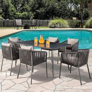 Milsen Dark Gray 7-Piece Metal Rectangle Outdoor Dining Set with Light Gray Cushion