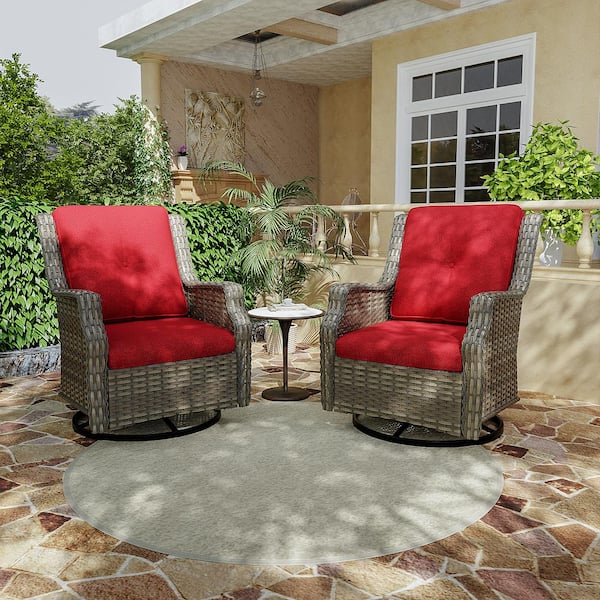 INMITOM Outdoor Patio Wicker Swivel Lounge Chair with Red Cushions (2-Pack)