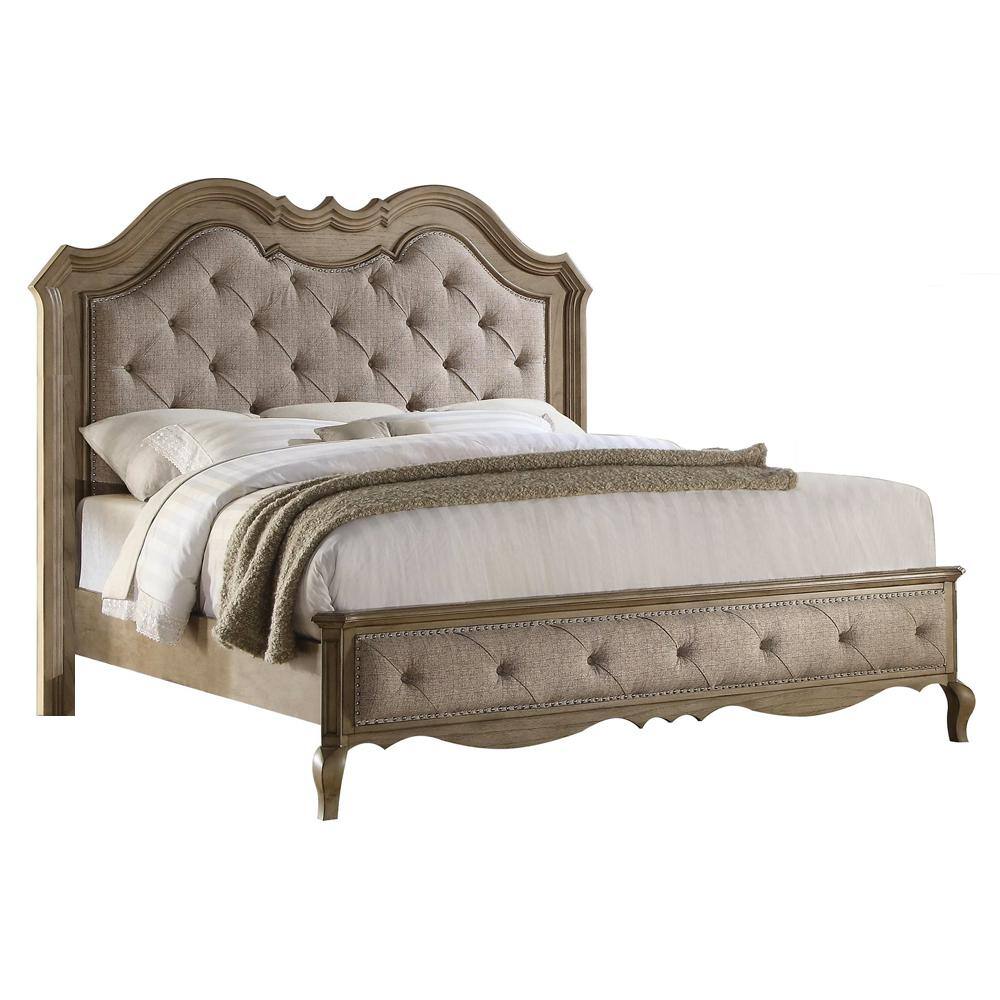 Elegant Beige Fabric Queen Bed with Tufted Nailhead Upholstery