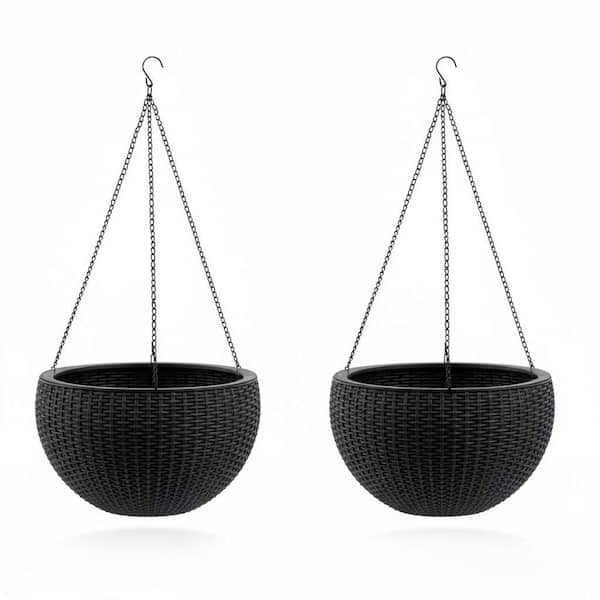Large 13.4 in. Dia Black Plastic Hanging Basket Rattan-Inspired Planter