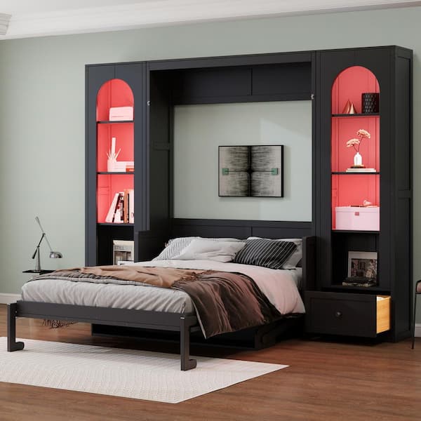 Black Wood Frame Queen Size Murphy Bed, Wall Bed with Shelves, 2-Drawer, LED Lights, Desk