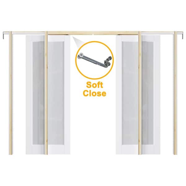 ARK DESIGN 60 in. x 80 in. 1-Lite Frosted Glass Primed Door with Solid Core Pine Pocket Door Frame with Hardware and Soft Close