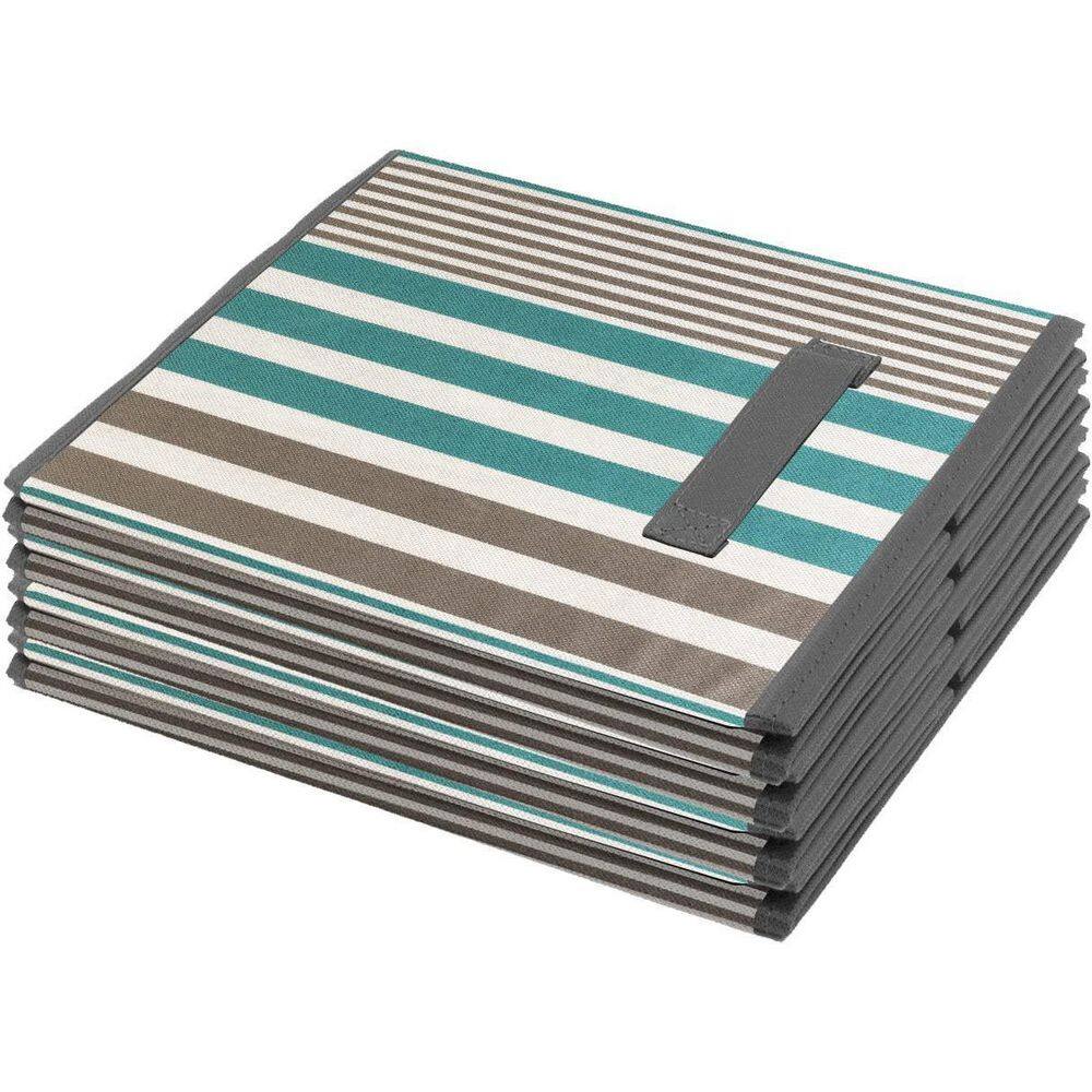 Aqua and Gray Striped Collapsible Fabric Storage Cubes - 6 Pack