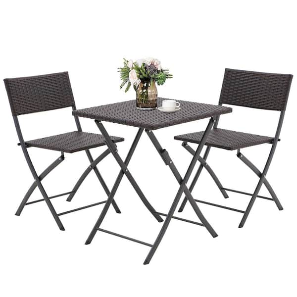 Miscool Anky Grand Coffee 3-Piece Rattan Foldable Patio Furniture Wicker Square Table with Two Chairs Outdoor Bistro Set