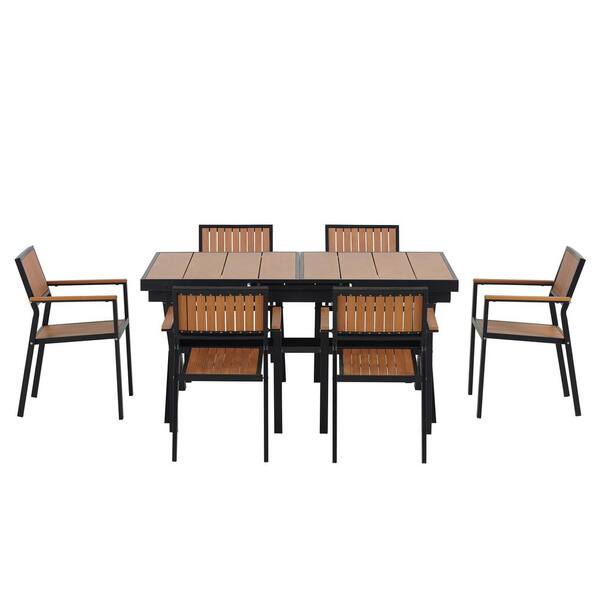 Zeus & Ruta 7-Piece Black Metal Patio Outdoor Dining Table Set with 6 ...