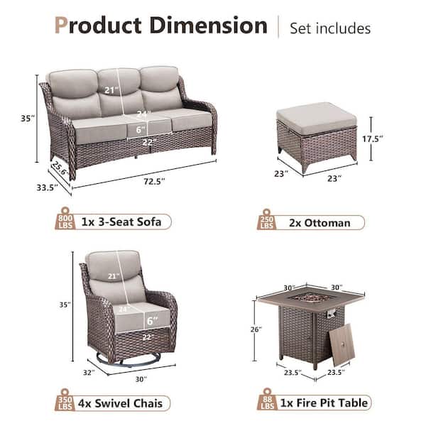 MoonLuxe Brown Wicker Fire Pit Conversation Set with Beige Olefin 6 in. Thick Cushions Patio Swivel Chairs (8-Piece)