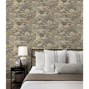 56 sq. ft. Toffee and Ivory Faux Stone Wall Prepasted Paper Wallpaper Roll