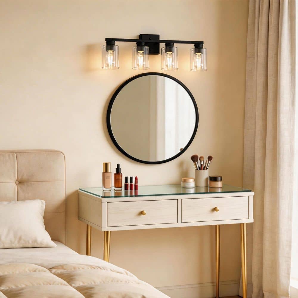 25 in. 4-Light Black Modern Cylinder Vanity Light with Straight Arms and Clear Glass Shades for Bathroom or Bedroom price history on PriceWatchPro