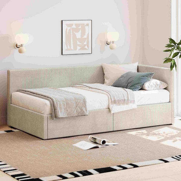 Beige Twin Size Daybed with 2-Storage Drawers and Vertical Striped Design