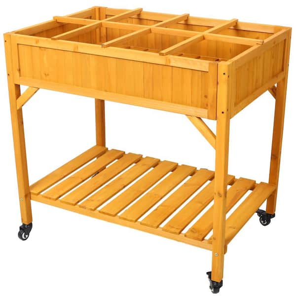 36 in. L Brown Wood Elevated 8 Pocket Herb Garden Bed with Lockable Wheels
