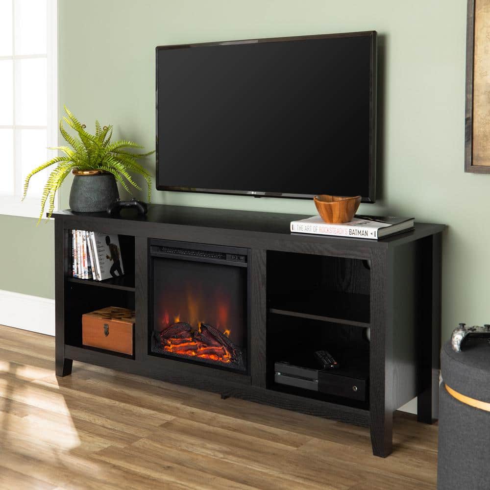 Essential 58" Black Wood Media Stand with Electric Fireplace