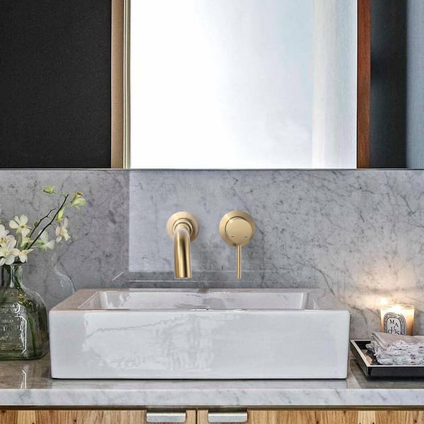 Single Handle 2-Hole Wall Mounted Bathroom Faucet with Rough-in Brass Valve in Bruhsed Gold