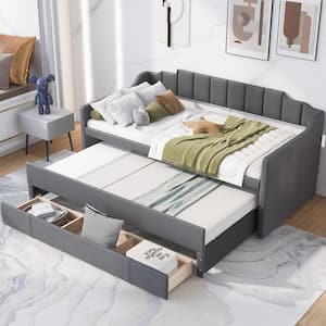 Channel-Tufted Gray Wood Frame Twin Size Linen Upholstered Daybed with Twin Size Trundle and 3-Drawer