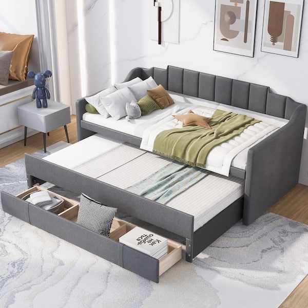 Harper & Bright Designs Channel-Tufted Gray Wood Frame Twin Size Linen Upholstered Daybed with Twin Size Trundle and 3-Drawer