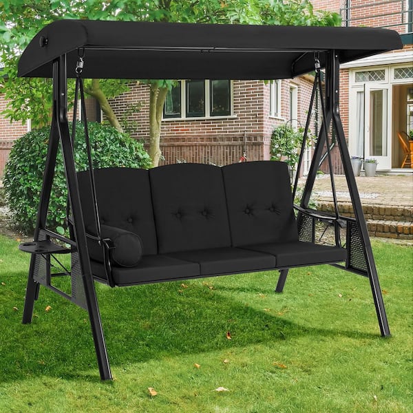 Zeus & Ruta 3-Seat Black Metal Outdoor Patio Swing Chair