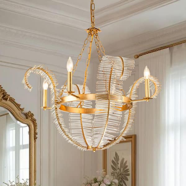 Auro Luxury 4-Light Gold Classic Empire Style Adjustable Chain Chandelier with Crystal Shade for Foyer
