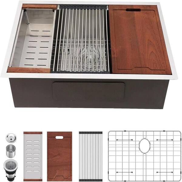32 in. Undermount Single Bowl 16 Gauge Stainless Steel Ledge Workstation Kitchen Sink with Cutting Board